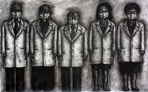 Peterson Kamwathi, untitled (Peacebrokers) (charcoal on soft pastel paper; 243.8 cm by 152.4 cm)